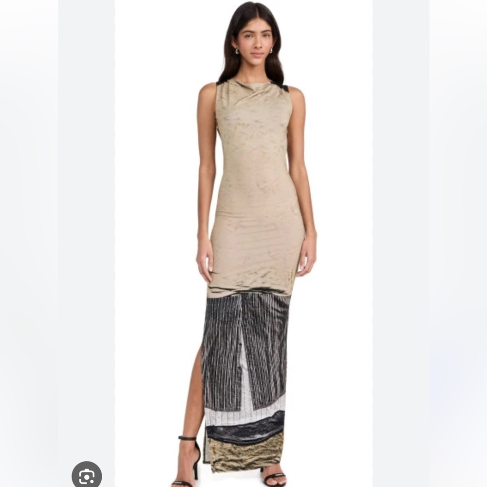 Maiou Selena Dress Chemises In Vert- Beige and Black Maxi Dress with Slit